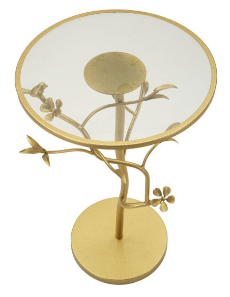 Table d'appoint moderne chic Ronde Métal Doré Motif oiseaux Verre Birds 