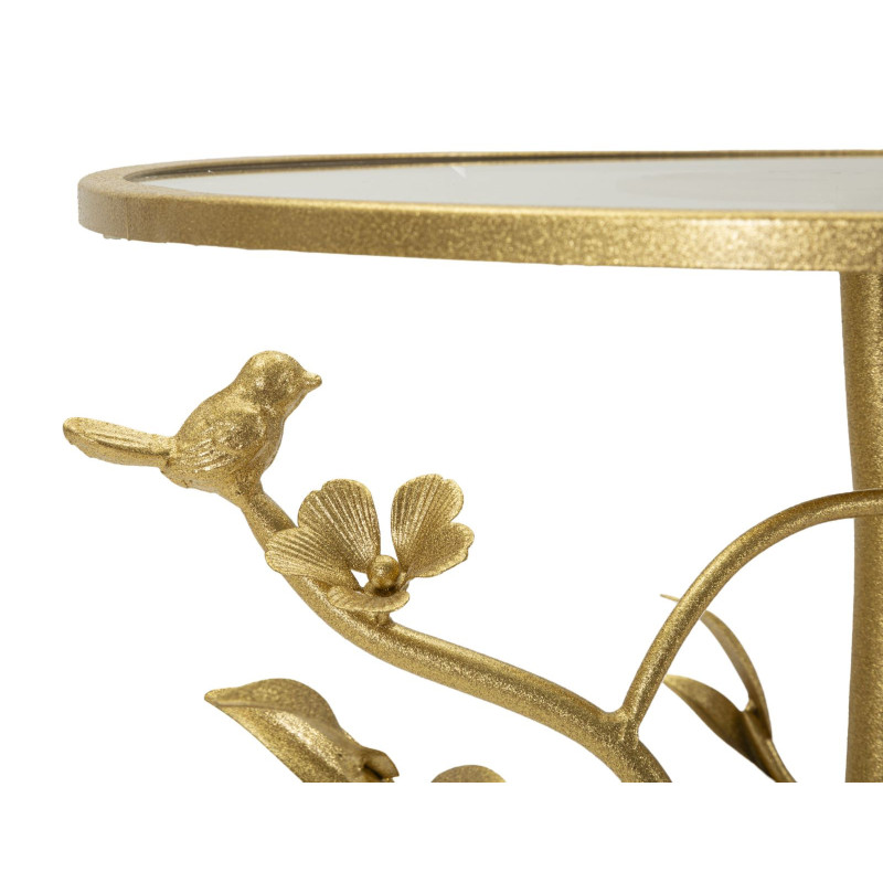 Table d'appoint moderne chic Ronde Métal Doré Motif oiseaux Verre Birds 