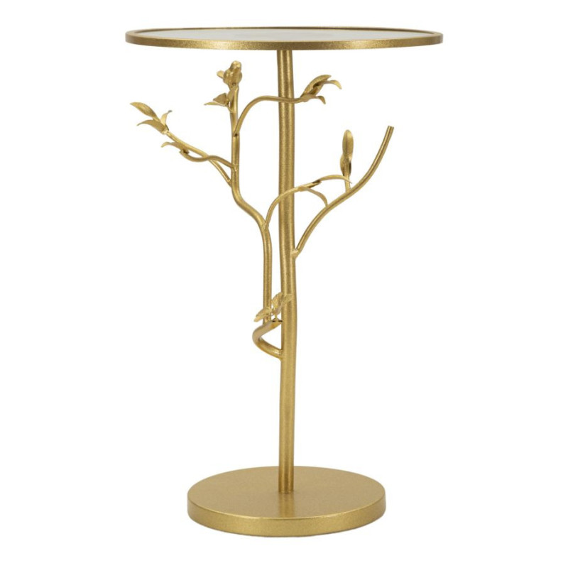 Table d'appoint moderne chic Ronde Métal Doré Motif oiseaux Verre Birds 