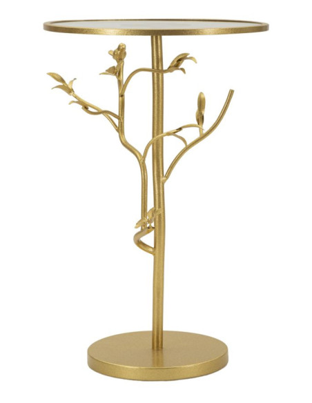 Table d'appoint moderne chic Ronde Métal Doré Motif oiseaux Verre Birds 