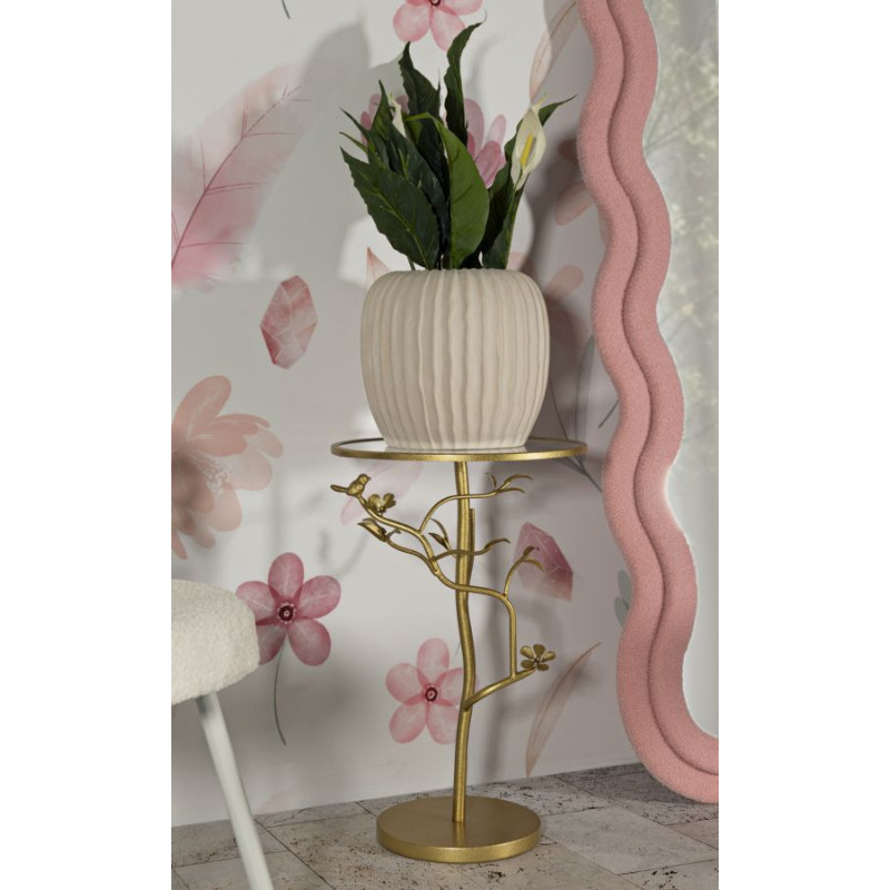 Table d'appoint moderne chic Ronde Métal Doré Motif oiseaux Verre Birds 