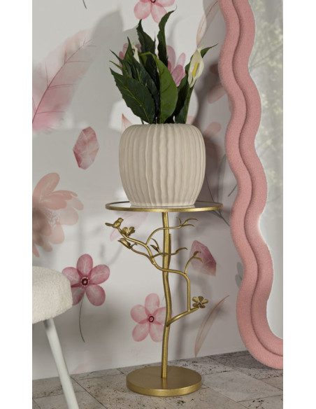 Table d'appoint moderne chic Ronde Métal Doré Motif oiseaux Verre Birds 