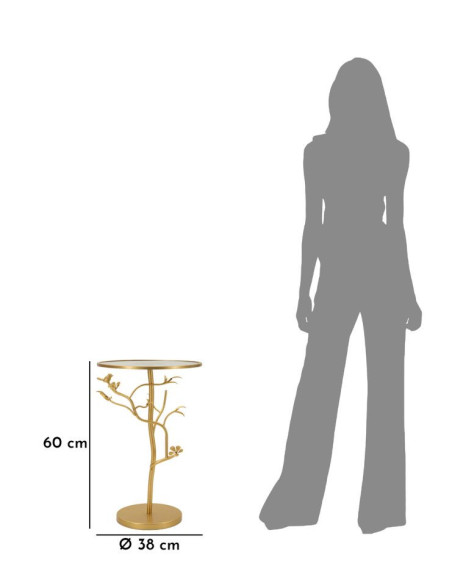 Table d'appoint moderne chic Ronde Métal Doré Motif oiseaux Verre Birds 