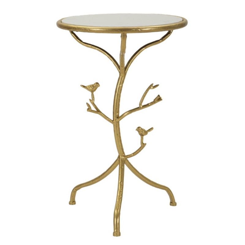 Table d'appoint moderne chic Ronde Métal Doré Motif oiseaux Marbre Blanc Birds 