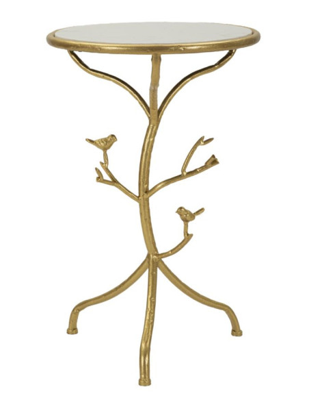 Table d'appoint moderne chic Ronde Métal Doré Motif oiseaux Marbre Blanc Birds 