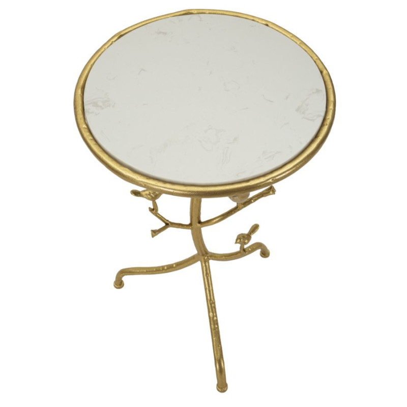 Table d'appoint moderne chic Ronde Métal Doré Motif oiseaux Marbre Blanc Birds 
