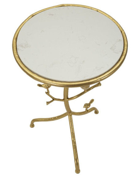 Table d'appoint moderne chic Ronde Métal Doré Motif oiseaux Marbre Blanc Birds 