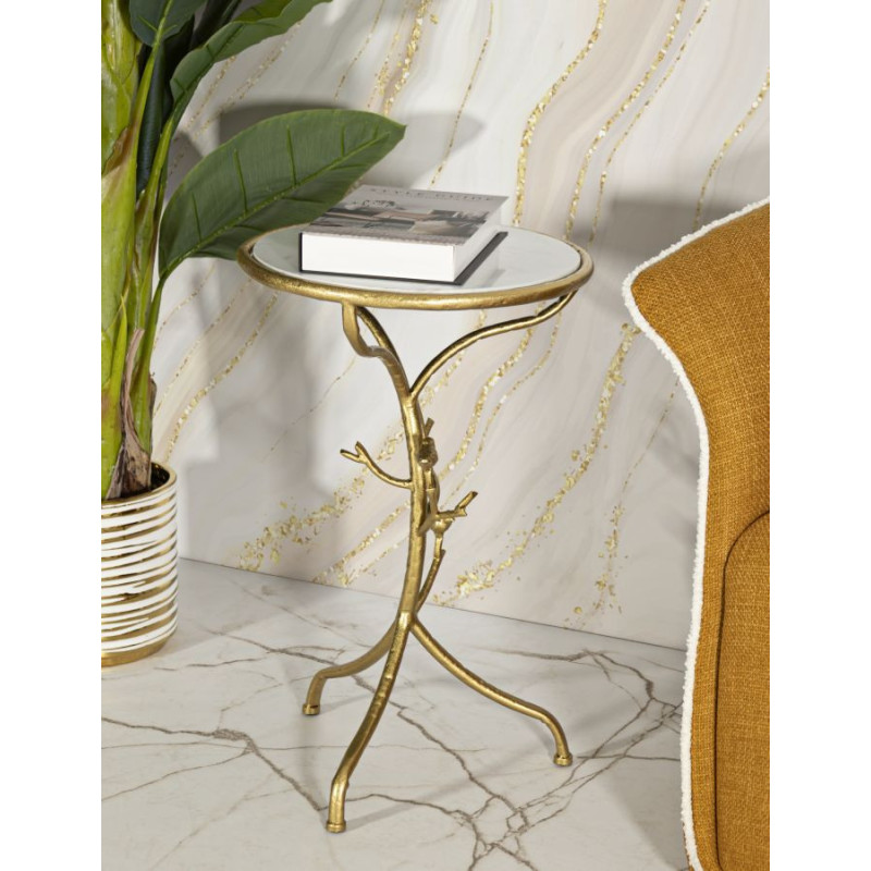 Table d'appoint moderne chic Ronde Métal Doré Motif oiseaux Marbre Blanc Birds 