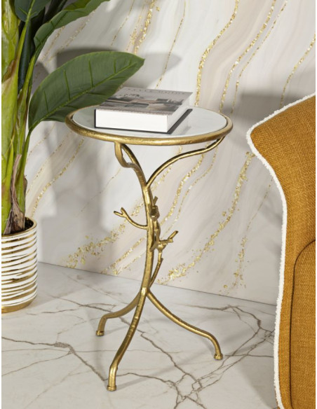 Table d'appoint moderne chic Ronde Métal Doré Motif oiseaux Marbre Blanc Birds 