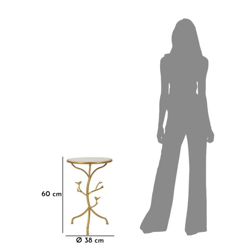 Table d'appoint moderne chic Ronde Métal Doré Motif oiseaux Marbre Blanc Birds 