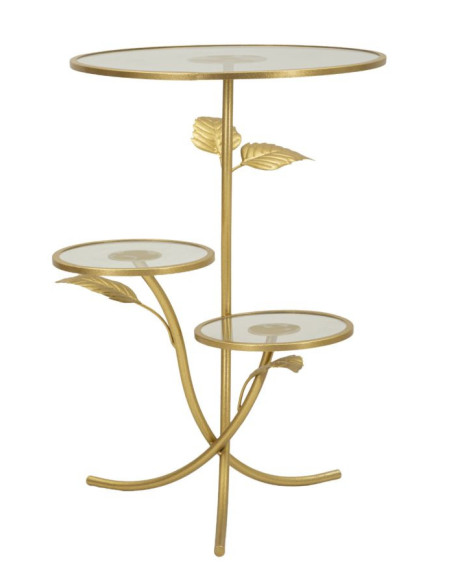 Table d'appoint moderne chic Ronde 3 niveaux Métal Doré Motif feuilles Verre Leaf 