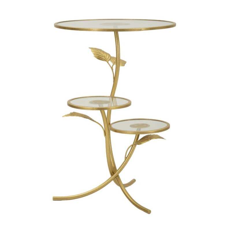Table d'appoint moderne chic Ronde 3 niveaux Métal Doré Motif feuilles Verre Leaf 