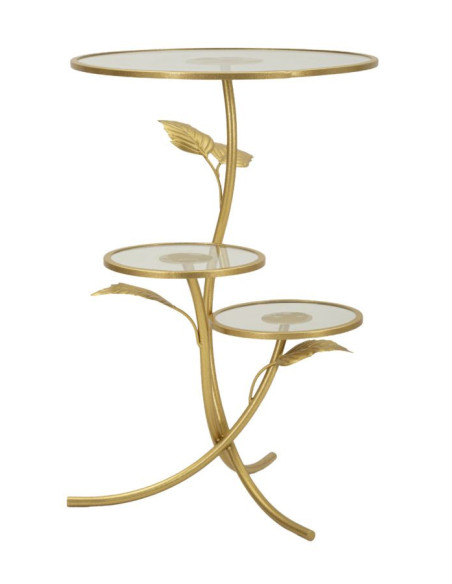 Table d'appoint moderne chic Ronde 3 niveaux Métal Doré Motif feuilles Verre Leaf 