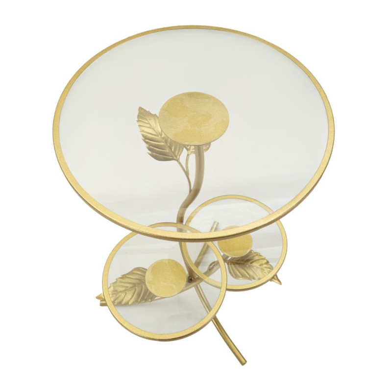 Table d'appoint moderne chic Ronde 3 niveaux Métal Doré Motif feuilles Verre Leaf 