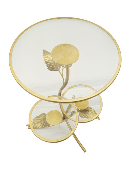 Table d'appoint moderne chic Ronde 3 niveaux Métal Doré Motif feuilles Verre Leaf 