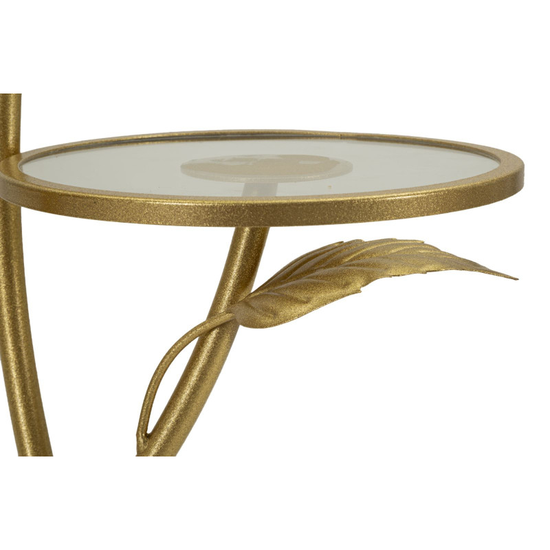 Table d'appoint moderne chic Ronde 3 niveaux Métal Doré Motif feuilles Verre Leaf 