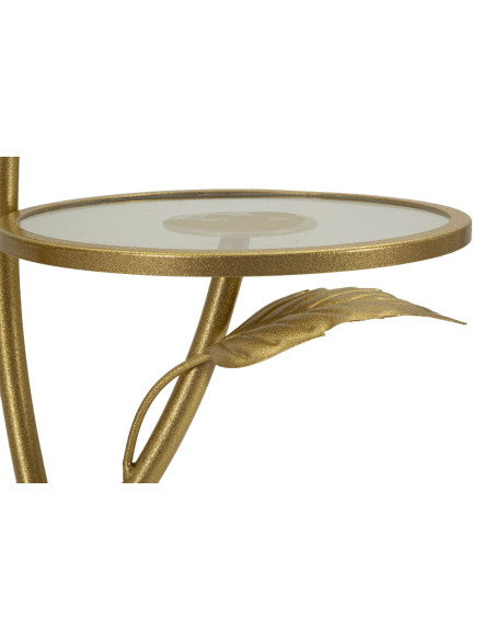Table d'appoint moderne chic Ronde 3 niveaux Métal Doré Motif feuilles Verre Leaf 