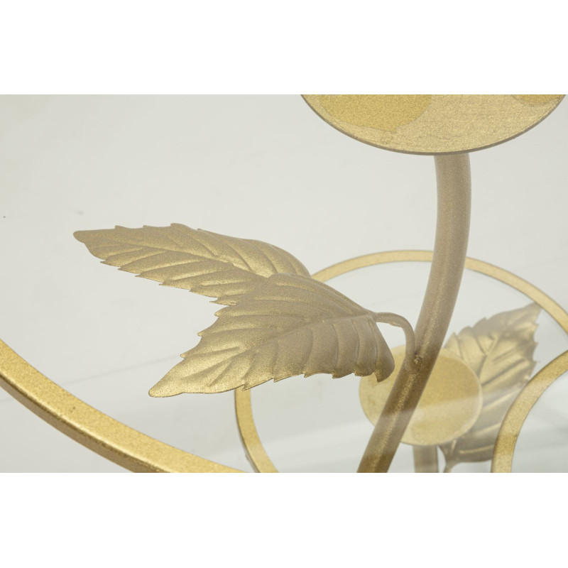 Table d'appoint moderne chic Ronde 3 niveaux Métal Doré Motif feuilles Verre Leaf 