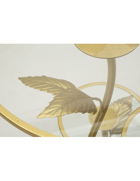 Table d'appoint moderne chic Ronde 3 niveaux Métal Doré Motif feuilles Verre Leaf 
