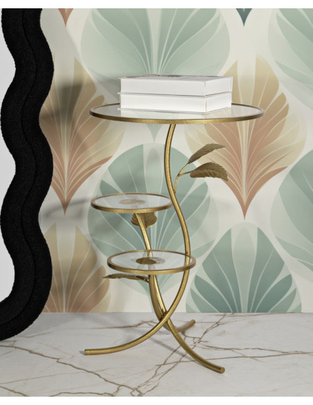 Table d'appoint moderne chic Ronde 3 niveaux Métal Doré Motif feuilles Verre Leaf 