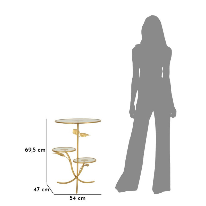 Table d'appoint moderne chic Ronde 3 niveaux Métal Doré Motif feuilles Verre Leaf 