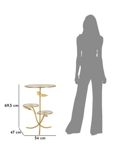 Table d'appoint moderne chic Ronde 3 niveaux Métal Doré Motif feuilles Verre Leaf 