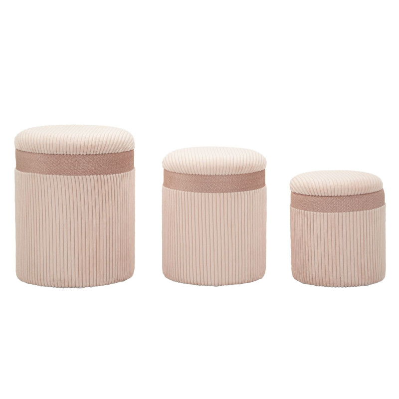 Pouf moderne chic Rond avec coffre de rangement Velours côtelé Rose MDF Cortina (Lot de 3) 