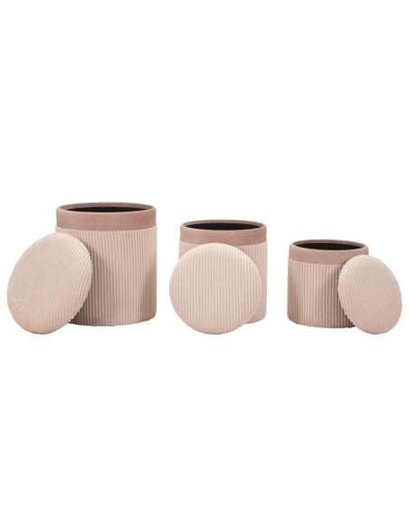 Pouf moderne chic Rond avec coffre de rangement Velours côtelé Rose MDF Cortina (Lot de 3) 