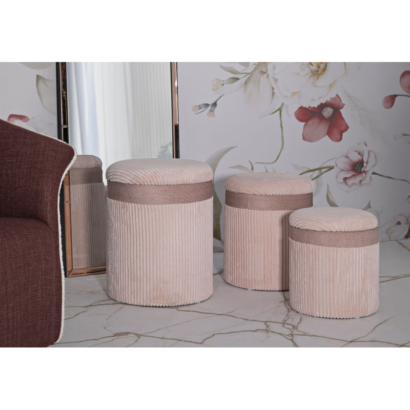 Pouf moderne chic Rond avec coffre de rangement Velours côtelé Rose MDF Cortina (Lot de 3) 