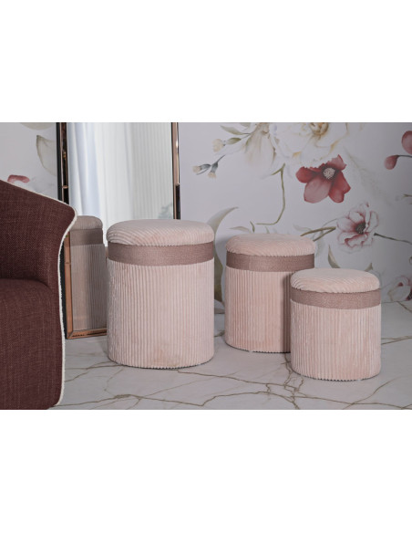 Pouf moderne chic Rond avec coffre de rangement Velours côtelé Rose MDF Cortina (Lot de 3) 