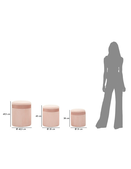 Pouf moderne chic Rond avec coffre de rangement Velours côtelé Rose MDF Cortina (Lot de 3) 
