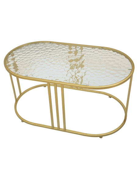 Table basse moderne chic Ovale Verre Semi-transparent Effet martelé Métal Doré Antalia 