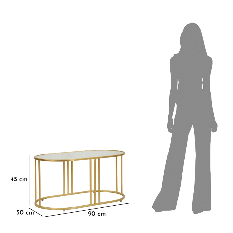 Table basse moderne chic Ovale Verre Semi-transparent Effet martelé Métal Doré Antalia 