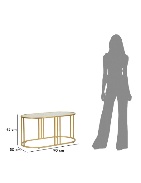 Table basse moderne chic Ovale Verre Semi-transparent Effet martelé Métal Doré Antalia 