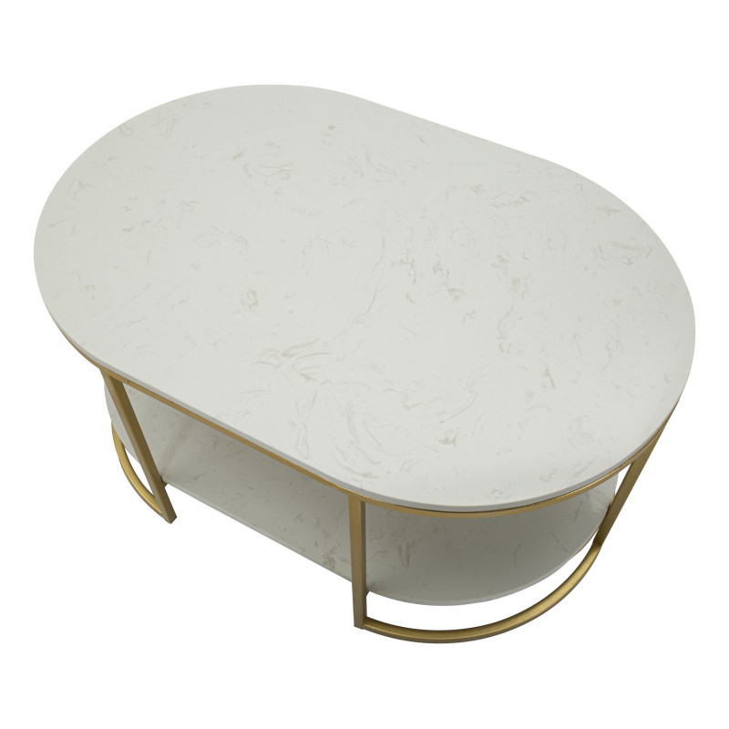Table basse moderne chic Ovale 1 étagère Marbre Blanc Métal Doré Izmir 