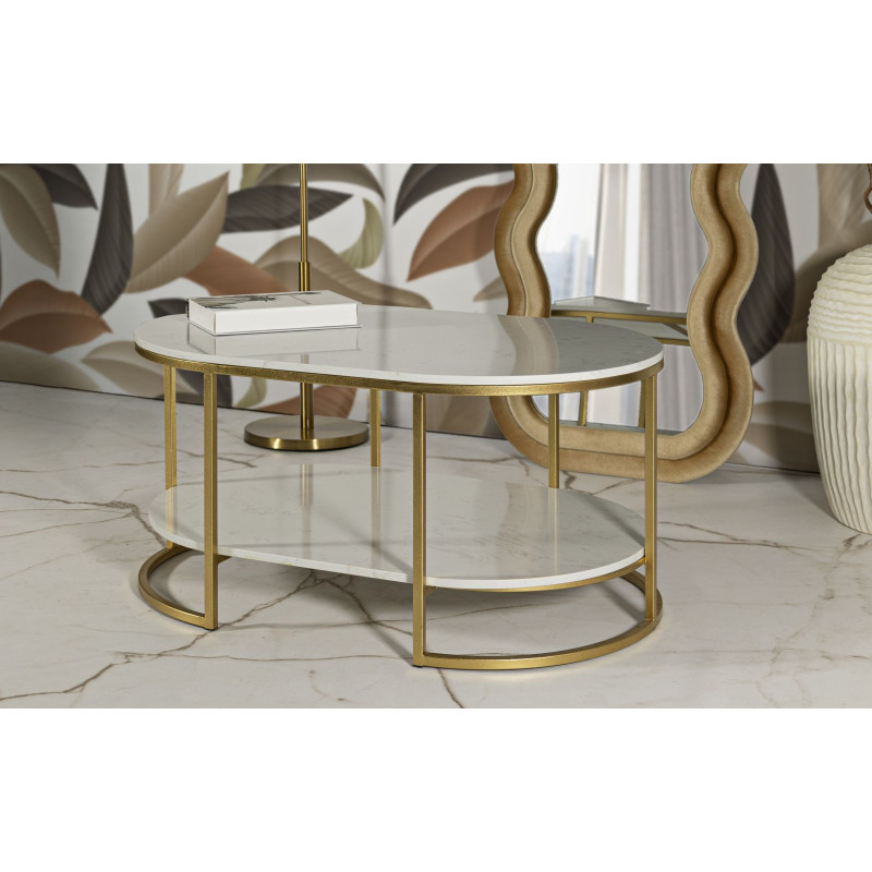 Table basse moderne chic Ovale 1 étagère Marbre Blanc Métal Doré Izmir 