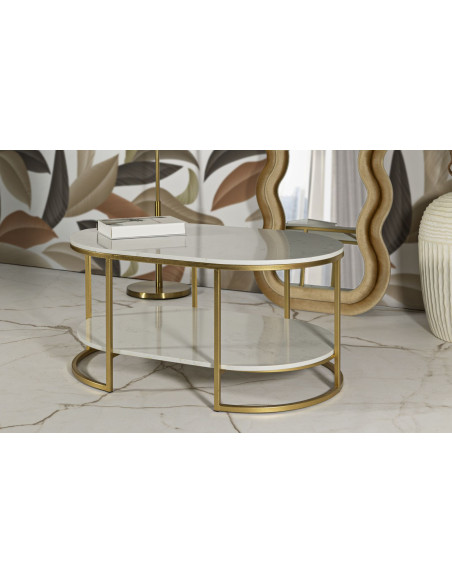 Table basse moderne chic Ovale 1 étagère Marbre Blanc Métal Doré Izmir 
