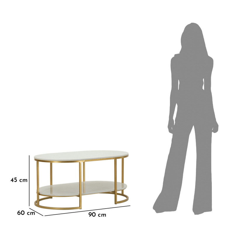 Table basse moderne chic Ovale 1 étagère Marbre Blanc Métal Doré Izmir 