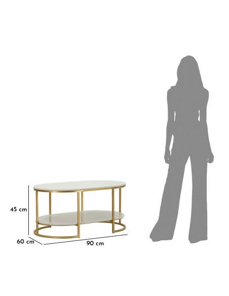 Table basse moderne chic Ovale 1 étagère Marbre Blanc Métal Doré Izmir 