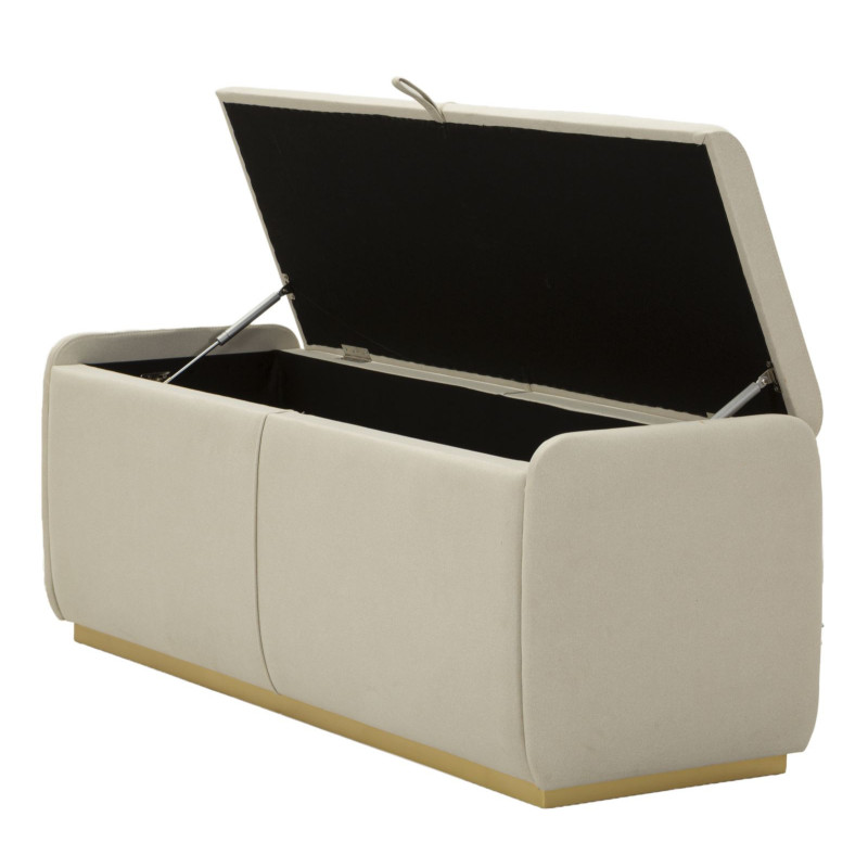 Grande Banquette coffre rangement moderne 2 places Tissu Blanc crème Bois de pin Métal Doré Beauty 