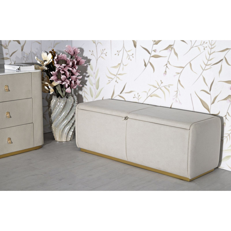 Grande Banquette coffre rangement moderne 2 places Tissu Blanc crème Bois de pin Métal Doré Beauty 