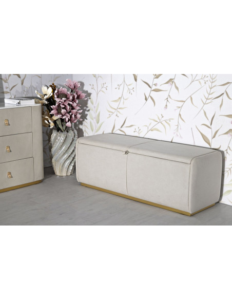 Grande Banquette coffre rangement moderne 2 places Tissu Blanc crème Bois de pin Métal Doré Beauty 