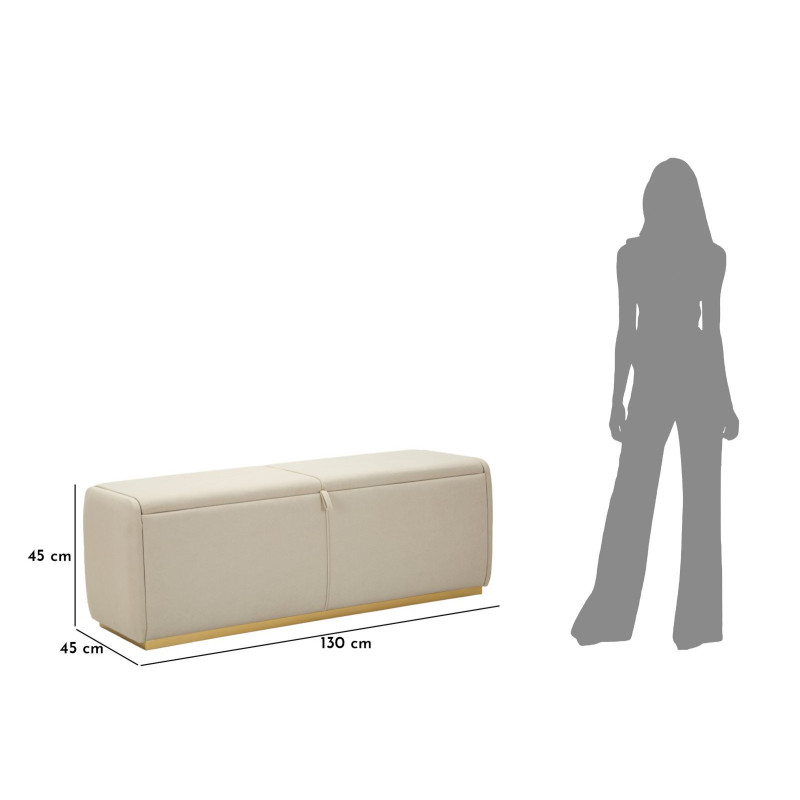 Grande Banquette coffre rangement moderne 2 places Tissu Blanc crème Bois de pin Métal Doré Beauty 