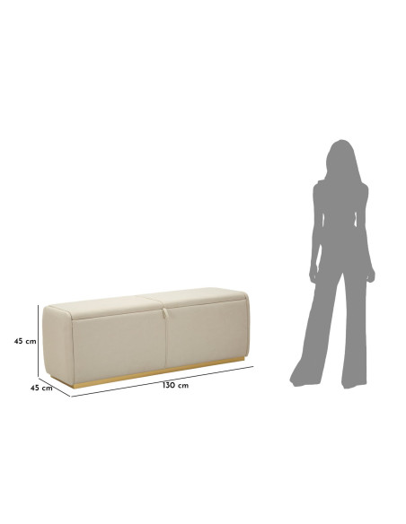 Grande Banquette coffre rangement moderne 2 places Tissu Blanc crème Bois de pin Métal Doré Beauty 