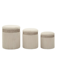Pouf moderne chic Rond avec coffre de rangement Velours côtelé Blanc crème MDF Cortina (Lot de 3) 