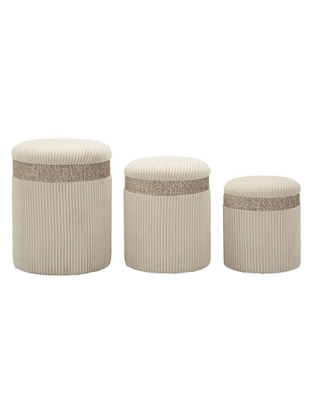 Pouf moderne chic Rond avec coffre de rangement Velours côtelé Blanc crème MDF Cortina (Lot de 3) 