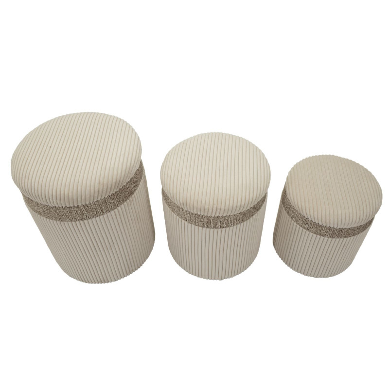 Pouf moderne chic Rond avec coffre de rangement Velours côtelé Blanc crème MDF Cortina (Lot de 3) 