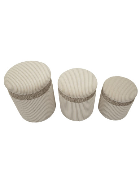 Pouf moderne chic Rond avec coffre de rangement Velours côtelé Blanc crème MDF Cortina (Lot de 3) 