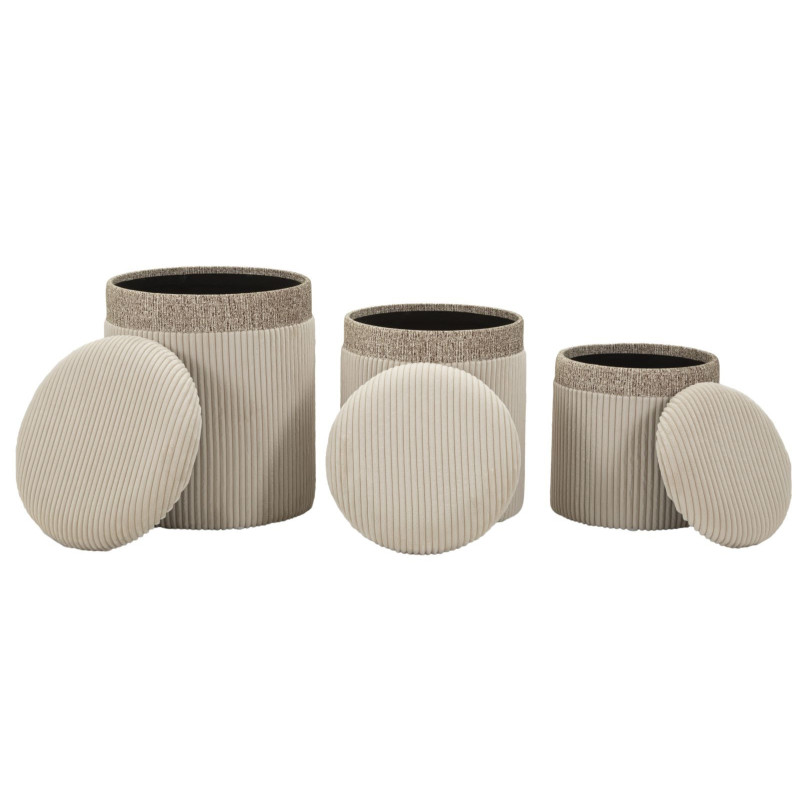 Pouf moderne chic Rond avec coffre de rangement Velours côtelé Blanc crème MDF Cortina (Lot de 3) 