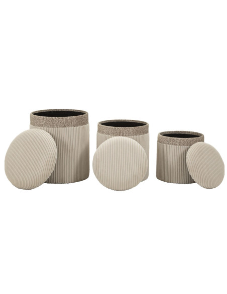 Pouf moderne chic Rond avec coffre de rangement Velours côtelé Blanc crème MDF Cortina (Lot de 3) 